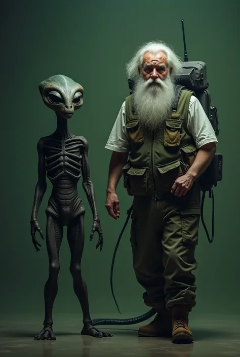 Older nordic XL man, with white fade beard, and white hair, wearing a reporters vest, walking with an alien, dark green background