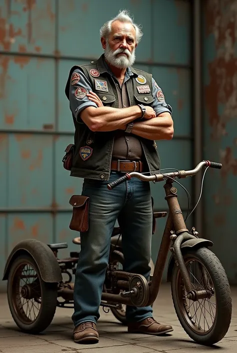 old biker standing and back full body wearing motorcycle club vest next to a tricycle