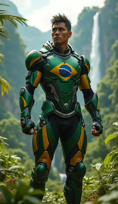 A futuristic armored warrior with intricate designs, featuring a Brazilian flag emblem prominently on the chest. The armor includes green, yellow, and blue elements with detailed engravings and sharp, modern aesthetics. The character has a muscular build, ...