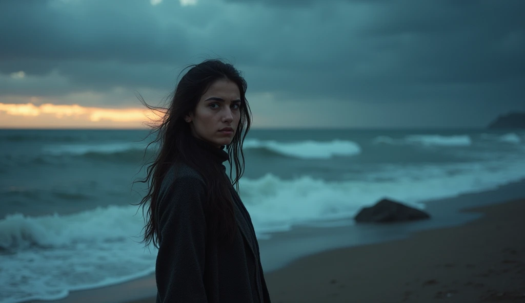 "A 32-year-old Middle Eastern woman with long black hair and dark eyes stands alone on a beach at twilight, waves crashing, moody sky with breaking storm clouds, expression showing peaceful acceptance amid struggle --ar 16:9"