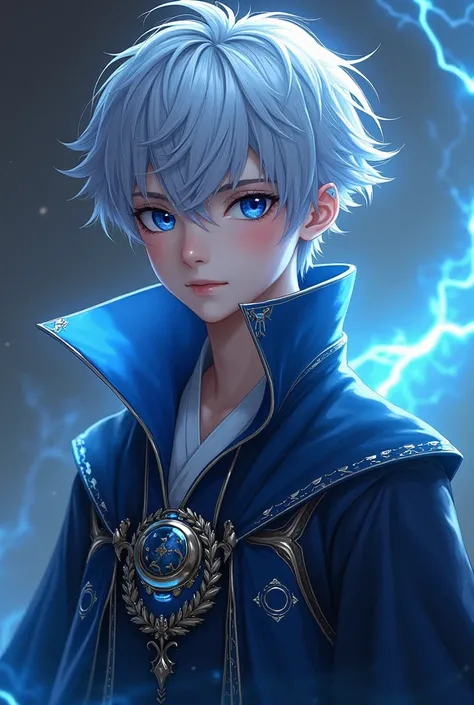 short hair,  silver or light blue ,  with a subtle electrical glow ,  that reflects his connection with the ray element .  His eyes are deep blue ,  with an intense glow when using magic .  His face is young and sharp ,  with delicate features and a confid...