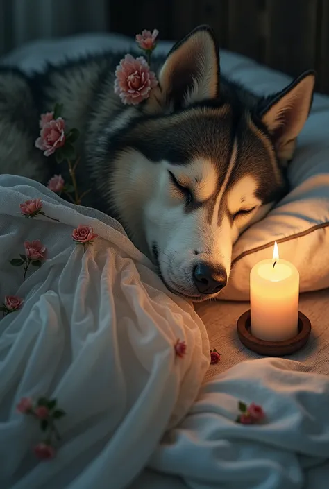 A realistic picture with more wonderful and very accurate details of a girl sleeping near Kalba the Husky, wearing a dress decorated with flowers, sleeping on her back. There is a candle that lights the place,