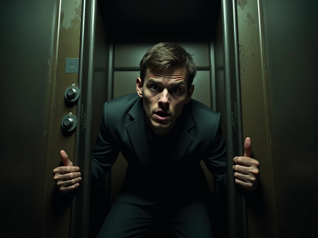 Make a frightened young man look , outside , He is inside an elevator from the 1940s with the door open
