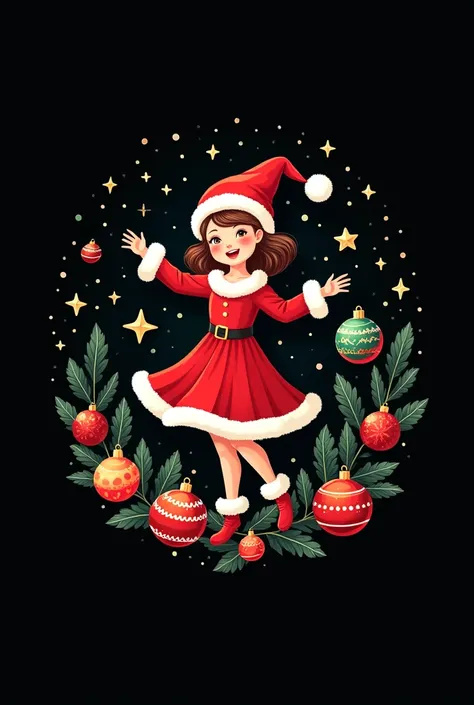 Create a christmas logo with Christmas ornament and santa girl dancing in the middle with a black back ground
