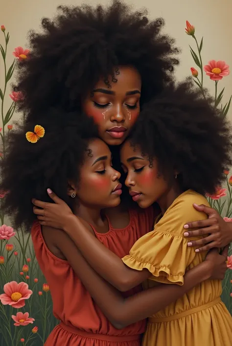  Mother and frizzy haired black daughters,Mother with a sad expression with tears and eyes closed,flores,warm hug  