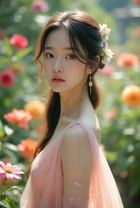 beautiful model korean women nice body photo background A garden flowers 