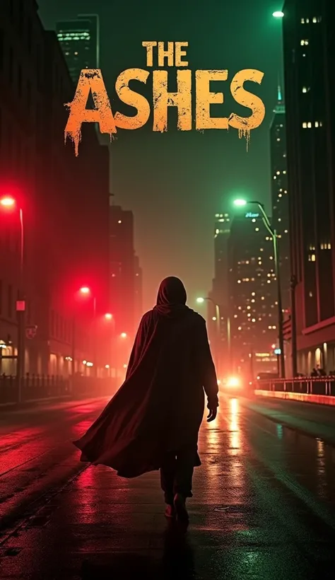 a movie poster for Arabian action movie in dubai, name of the movie THE ASHES, write the name to the poster, CITY at nightbackground creepy, dark red light, mixed with green smokes, write actors names, MOHAMED NANAA, SALAH NANAA, AHMAD NANAA, MAYSOUN NAHHA...