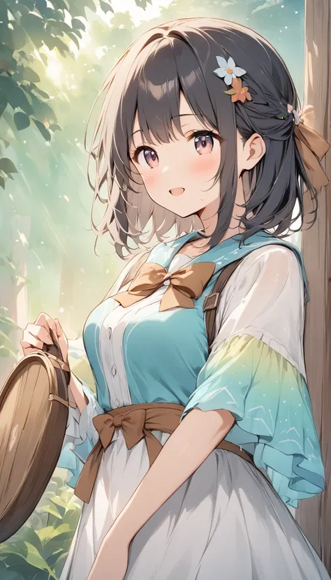    holding a wooden bow bright lines and soft colors create a dreamy effect., A fleeting impression.., one woman 、Girl with a wooden bow    、I have a wooden bow、cute、  Fantasy Villagers 、Background white、 pee 