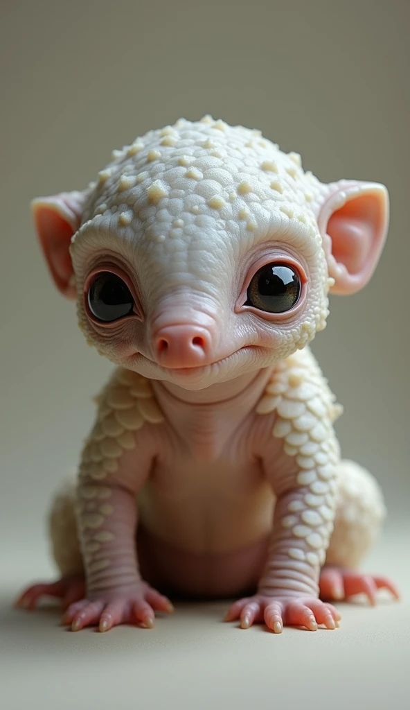  a baby pangolin with very large eyes and dilated pupils, without ears