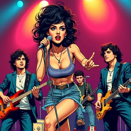 comic años 80s una mujer cantando con peinado y vestuario  de los 80s un joven tocando una batería, otro joven tocando un bajo electrico otro joven tocando la batería todos con moda de los años 80s Pop art comic añis 80s una mujer cantando con peinado y ve...