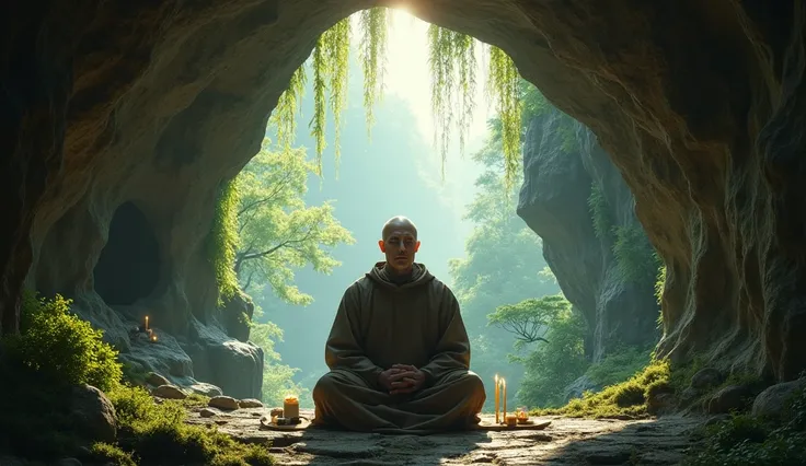  Saint Benedict surrounded by nature in an isolated cave, sitting in deep meditation ,  with peace reflected in his face .