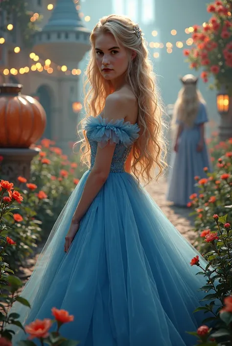 A beautiful young girl with long blonde hair, (blue eyes:1.2), delicate facial features, a kind expression, wearing a stunning (blue ball gown:1.2), standing in a (magical castle garden:1.2), surrounded by (blooming flowers:1.1), (glowing fairy lights:1.1)...