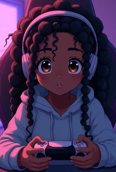  you can make an anime-like image with big brown eyes , The head is full of thin , Long,  and African braids without losing the touch of a tender young anime-type gamer ,  grabbing the control of the play station 5 but the control is on the back and the in...