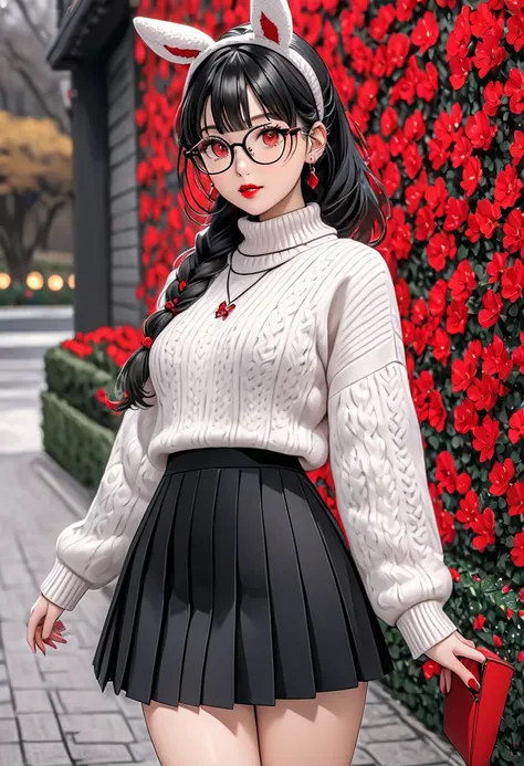 an anime girl with bunny ears wearing glasses and a sweater sweater skirt, 1girl, solo, jewelry, braid, long hair, animal ears, red eyes, rabbit ears, earrings, glasses, bangs, black-framed eyewear, black hair, sweater, skirt, looking at viewer, turtleneck...