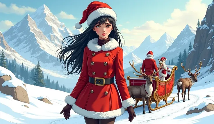 Best quality, ilustração de linhas, estilo livro de colorir, , a beautiful EUROPEAN woman, 35 years old, suspicious expression face, smile, brown eyes, long black STRAIGHT hair, BANGS, walking in north pole mountains day SCENARIO, CHRISTMAS CLOTHES, velvet...