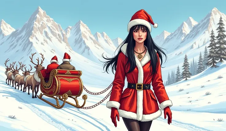 Best quality, ilustração de linhas, estilo livro de colorir, , a beautiful EUROPEAN woman, 35 years old, suspicious expression face, smile, brown eyes, long black STRAIGHT hair, BANGS, walking in north pole mountains day SCENARIO, CHRISTMAS CLOTHES, velvet...