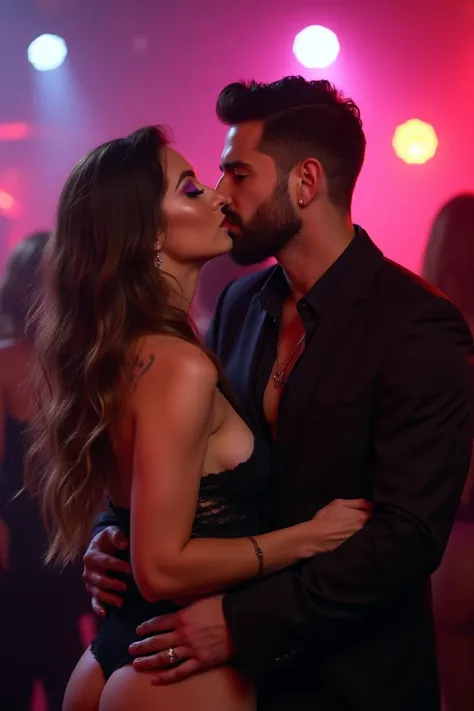 Couple, Girls long brown wavy hair purple eyes,tattoo,red lips, full lips, man Hazel eyes,black hair, bearded, woman in a very tight short dress, man in a suit with shirt opened slightly. Man kissing the woman with intense passion in the corner of a club a...