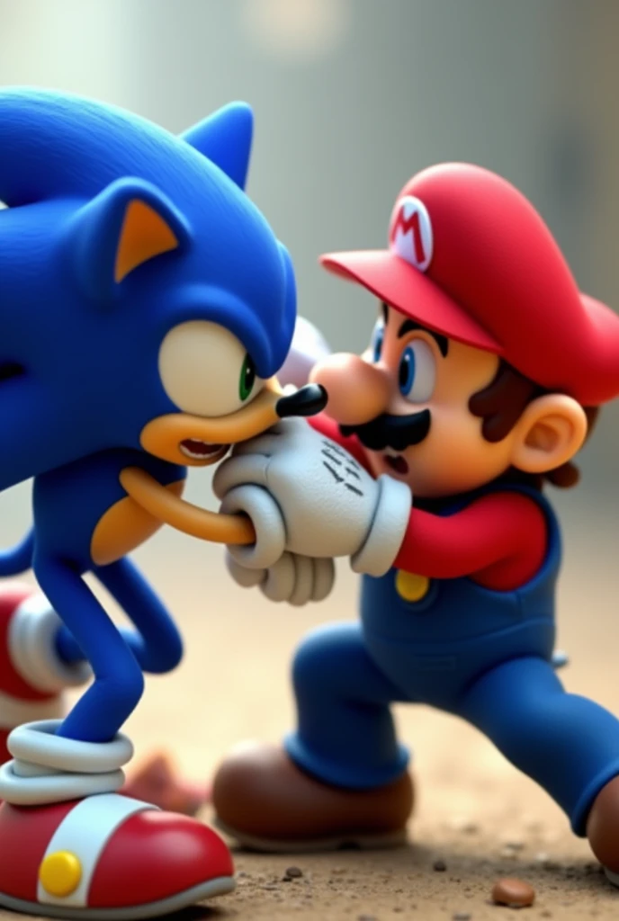 A CG Sonic the Hedgehog is punching a CG Super Mario in his face. Both are angry and Mario so flying away due to the impact of Sonics punch. The camera POV is very dynamic