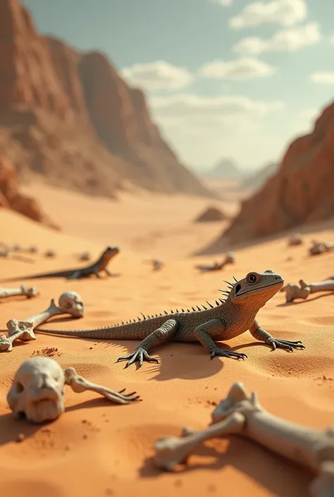 Give me an image of intense drought ,  that is detailed and that has animal bones from small lizards, That there are not so many just a few and the floor is sand 