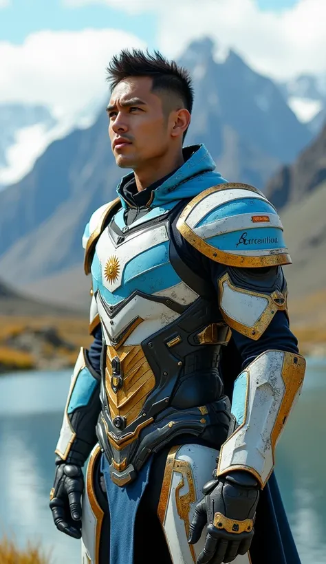 A futuristic armored warrior with intricate designs, featuring an Argentinian flag emblem prominently on the chest. The armor includes light blue, white, and gold elements with detailed engravings and sharp, modern aesthetics. The character has a muscular ...