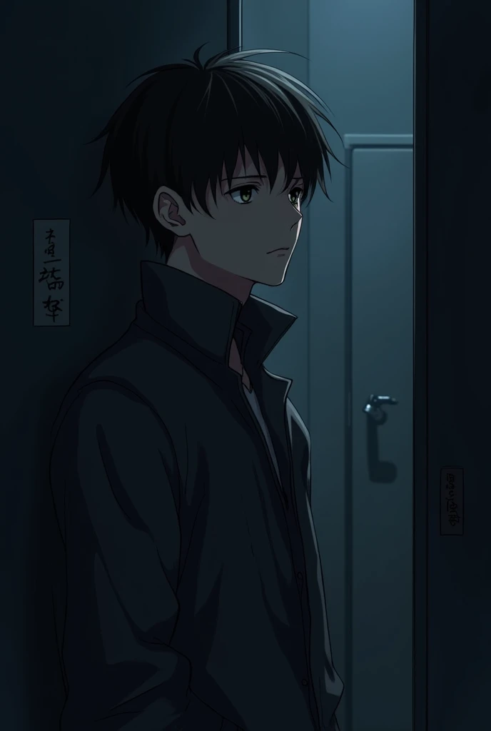  Anime-style illustration of a young man wearing a jacket, The scene takes place in a half-light room .  The man seems to be lost in thoughts ,  and the overall mood of the image is one of solitude and introspection .   The use of dark colors and shadows c...