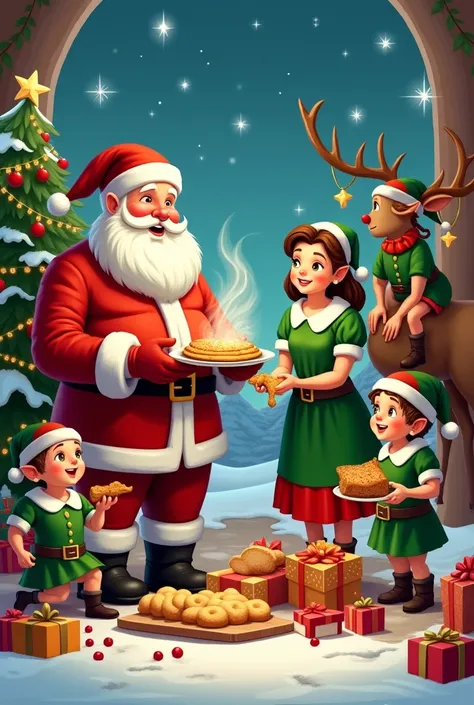  Santa Claus holding a plate with Venezuelan hallacas ,  Mrs. Claus preparing ham bread and the elves with gifts and playing, an elf is on top of Rodolfo the Reindeer 