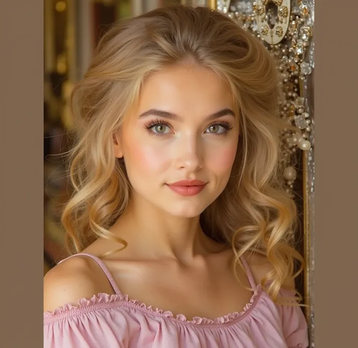 Caucasian woman 20 years old, blonde hair, wavy hair, long hair, olive green eyes, bright eyes, lined eyes, red lipstick, smile, athletic body, small breasts, nipples, legs, short dress, (((flowered dress))), earrings, necklace, bracelets, red nails, moder...