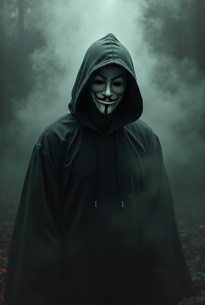 Create one ** translucent man ** like a ghost , with a ** dark hoodie **  that hides his face ,  adding mystery .  This character must wear a  ** serious mask **  by Anonymous ,  that transmits a message of protest and freedom ,  without causing fear .  Th...