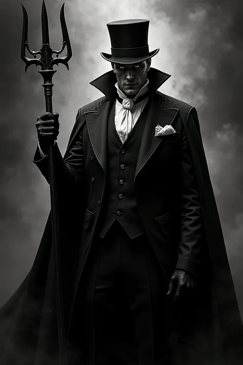 Man in a black and white suit with a cape and top hat and a trident in his hand