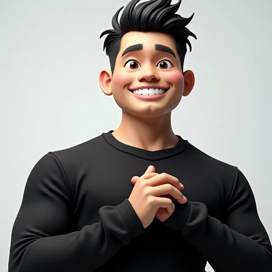 Hyperrealistic 3D Cartoon style character with big head. 24 year old Indonesian man, ideal body, black hair and black t-shirt. smiling at the camera with his arms in a ready position, gray background. Use soft photography lighting. Hair lighting, top light...