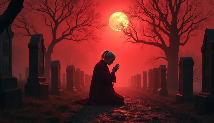 An elderly woman kneeling in prayer in a cursed graveyard under a blood-red sky. The ancient, crooked tombstones and gnarled trees create a sense of decay and malevolence. A faint, unnatural glow surrounds her, as though she is both protected and threatene...