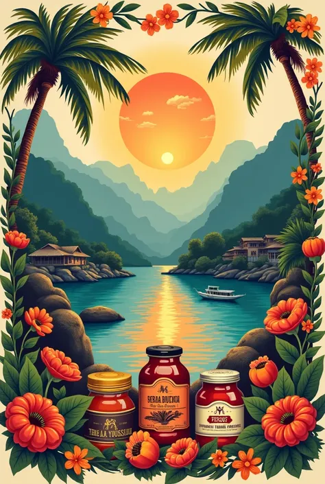  Create a graphic piece with a background theme of tourist places in Peru with the brand Sra. Buendía Tejas y Chocotejas , and at the bottom you will find the brands products with a premium style with a surreal style