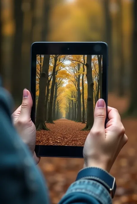 
 in womens hands and we can only see the tablet screen that shows a picture of a tree and her hand, and if we look at the image, we see it right, that is, if we look at the tablet, we have a tablet right in front of 