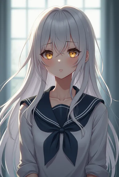 anime beauty,  Full Height, school clothes, Melancholic look,  white hair, golden eyes