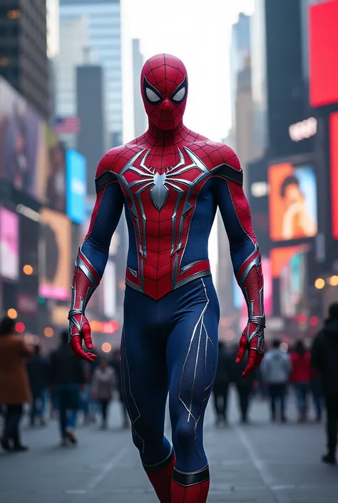 Spiderman wearing celestial armor walking in the middle of the street in the city center, focus on the face, Ultra HD quality, best quality, high quality, realistic quality, sharp, ultra-realistic and realistic, best quality, city center scenery .