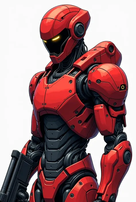 Generate an image of a half-Android brown man in person ,  with a robust and heavy mechanical body and a red color with details in black and white tones 

2.  Red steel and titanium armor .

3.  Helmet with face protection visor .

4.  Electronic yellow ey...