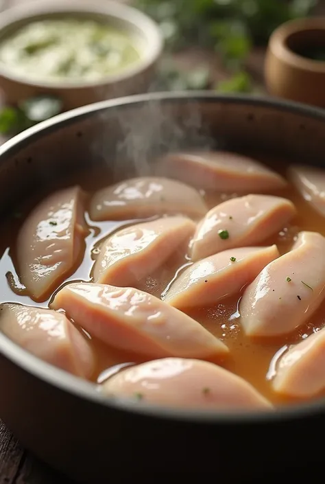 Sliced chicken breast cooking in a pot of water