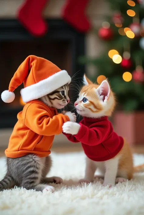 A baby kitten in orange Christmas clothes playing with another baby kitten with white stripes in Christmas clothes, on a white rug on the floor with a background of the fireplace with Christmas decorations