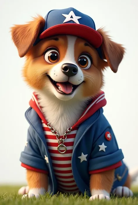 Hiller dog in cap and American team jacket 