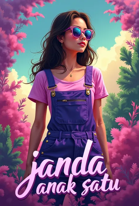 illustration of a beautiful Indonesian young woman, wearing a overall purple, wearing sunglasses, striking a charming pose, with a striking colorful background. The large text at the bottom of the image reads the name ((JANDA ANAK SATU)) spelled correctly ...