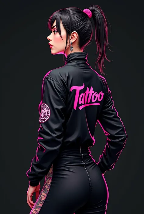 I want to create an image of a black outfit for women, which are clothes for tattooing, I want my logo on my chest on the left side, the name on the back is pink and I want to give it anime touches like anime things to make everything look very nice