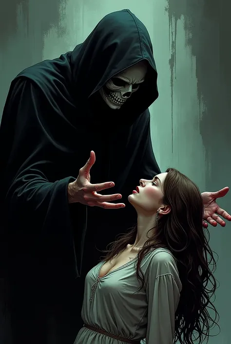 That same man dressed in black with mask absorbing the soul of a woman with brown hair in comic format 