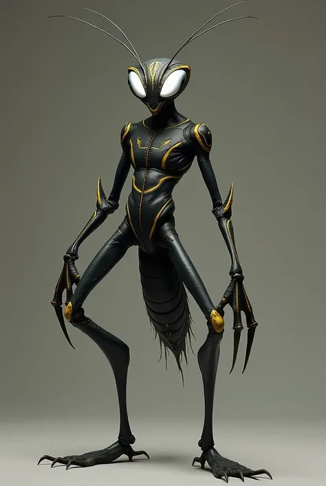 Character inspired by a praying mantis with black and white eyes, long antennae on his head with fronts that look like sharp dives, legs, a muscular body of a black praying mantis, palps mixed with yellow and grayish for his body and a dangerous fighter si...