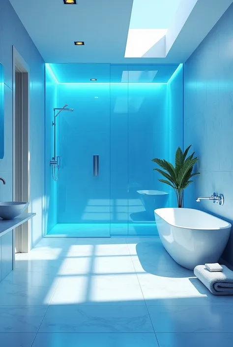 a map of a bright and spacious bathroom with a very large shower and a bathtub all in shades of blue