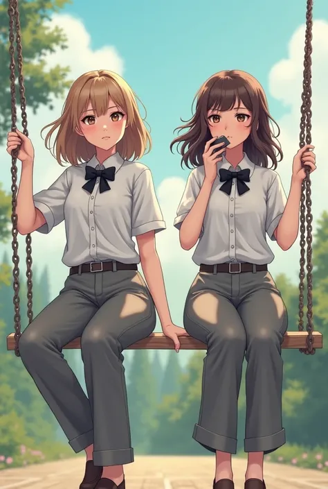 woman 20 years old with light brown hair in a white shirt, black bow tie, gray trousers sits on a swing balancer on one side on the other woman 20 years old with brown hair in a white shirt, black bow tie, gray trousers, sunny day