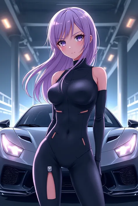  "anime artwork realistic anime shot, beautiful sexy dressed  lavender] haired young stunning woman, posing in front of a cool sports supercar, gray, blue, black colours dominate, anime style, key visual, vibrant, studio anime, highly detailed​​​".