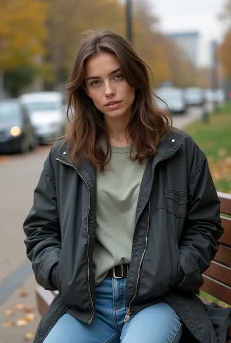 "Same model in casual streetwear, confident expression, soft brown eyes, sitting on a bench in an urban park, ready for a portrait."