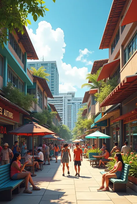 group of people, sitting, walking, talking with a background of a commercial establishments within condominium development in the Philippines 
