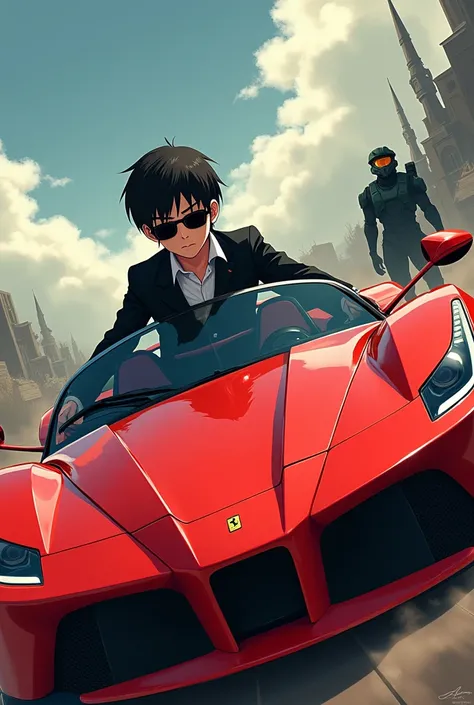 Boy in a black suit and black sunglasses and black hair riding a red Ferrari with master chief anime style in 2d and an apocalyptic world in the background 
With master chief