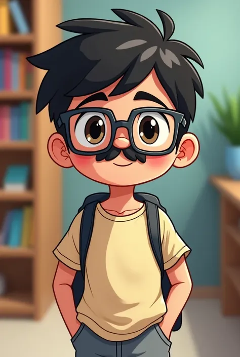 Young adult boy
 light brown skin , Very short dark hair ,  with square glasses and dark thin mustache,  with a light beige loose-fitting blouse and gray sweatpants. She is at school ,In the style of the chibi 